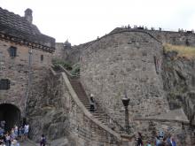 Stairs wind their way up a stone wall in Edinburgh Castle